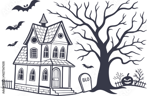 Outlined haunted house with bats, tree, tombstone, and pumpkin for halloween celebration drawing