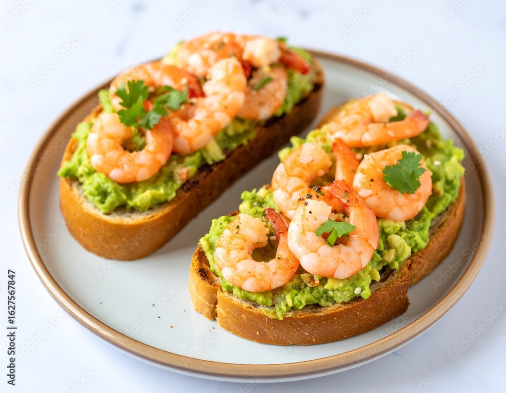 Two avocado toast topped with shrimp and cilantro Two avocado toast topped with shrimp and cilantro