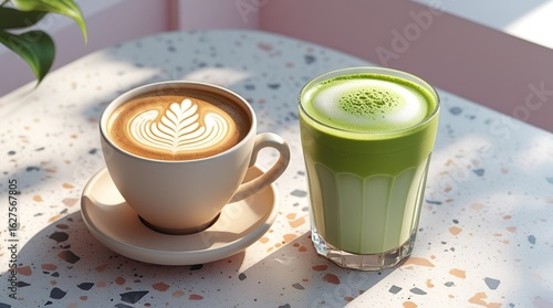 Elegant terrazzo table with creamy cappuccino and layered iced matcha, soft light and artistic drink styling, perfect minimalist food image for health, design, branding and lifestyle

