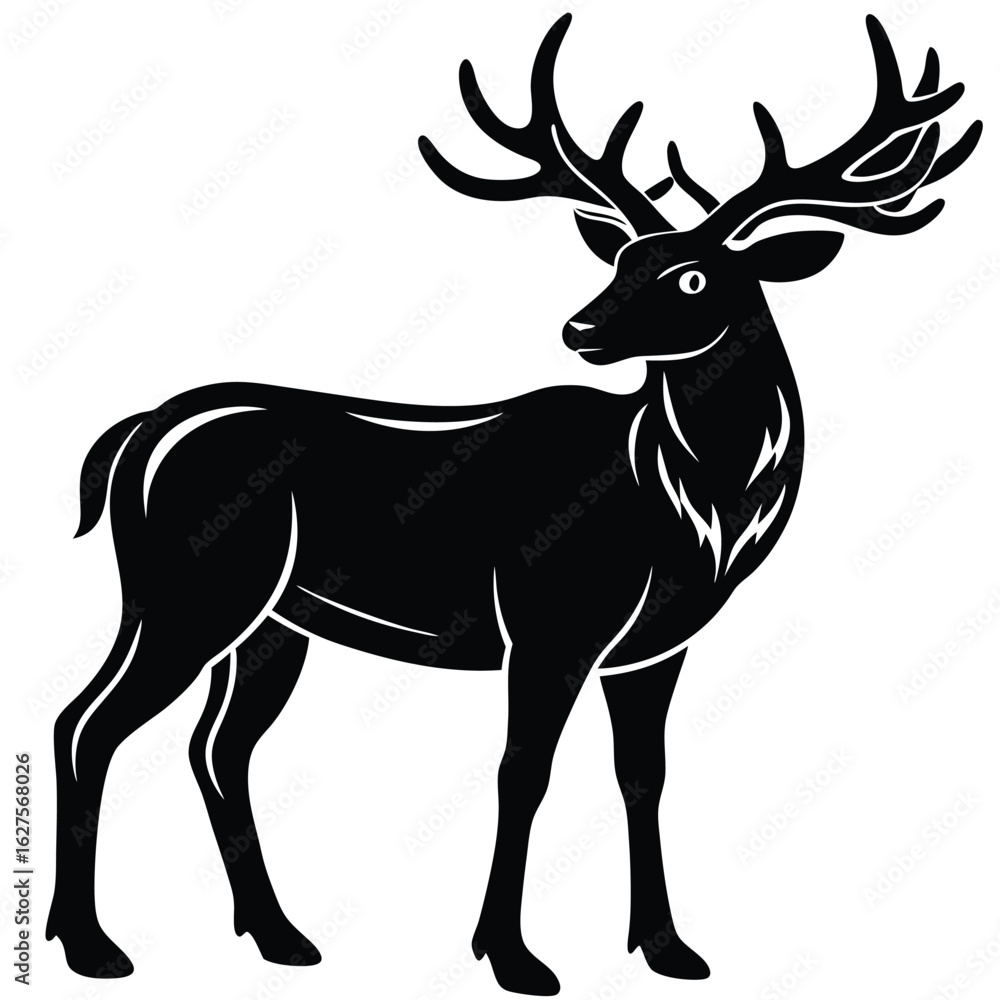 Fototapeta premium Black silhouette of a majestic elk with large antlers on a white background deer