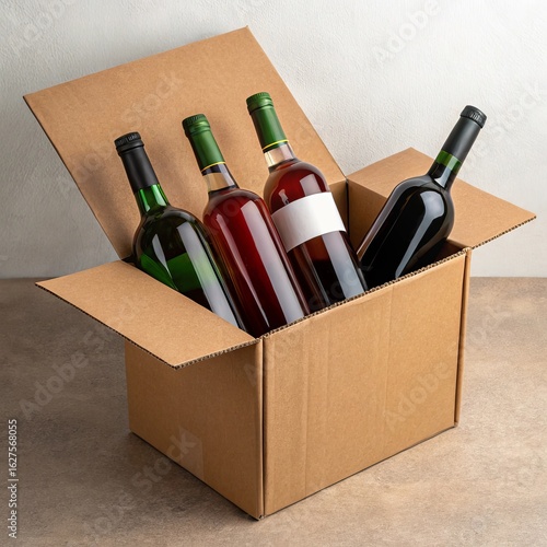 Four bottles of wine in a cardboard shipping box