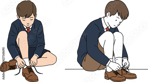 Boy tying shoelaces in hand-drawn style illustration  