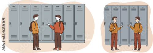 Two students chatting and exchanging phone numbers in school hallway with lockers, concept of hand-drawn style  