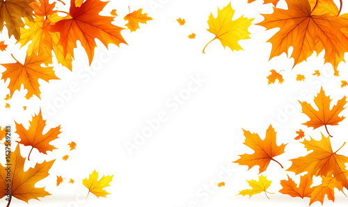 A vibrant border of falling orange and yellow autumn maple leaves on a white background.
