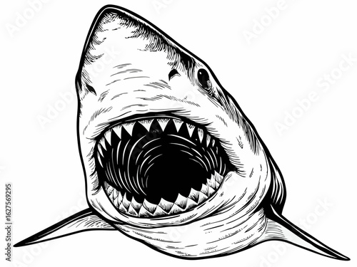 Great White Shark Face with Open Jaws Drawing