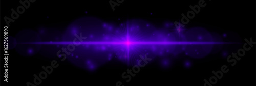 Horizontal flare with glowing center, soft bokeh, and scattered particles. Suitable for overlays, digital art, decorative accents, and light effects.
