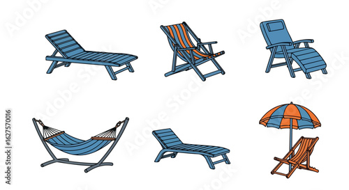 Outdoor furniture set illustration lounge chairs hammock umbrella vector