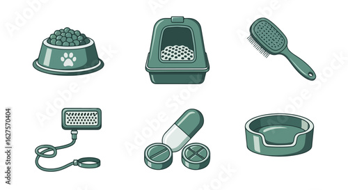 Pet care items illustration food bowl litter box brush leash bed and medication