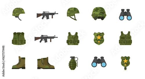 Military equipment icon set: helmets, weapons, binoculars, and more in flat design