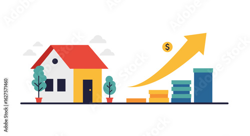 Economic growth concept with house and rising arrow in flat design