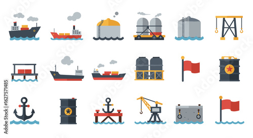 Nautical icons: flat maritime elements with industrial equipment and vessels