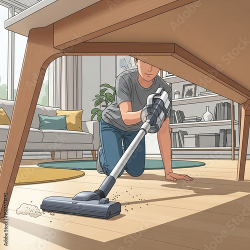 Person vacuuming under a wooden table in a bright living room, cleaning up crumbs on the floor.
