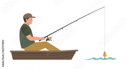 Man fishing in a boat with catch on line in minimalist style