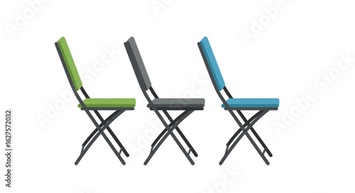 Colorful foldable chairs in minimalist side view on white background