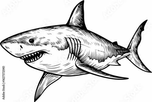 Great White Shark Hand Drawn Sketch on White Background