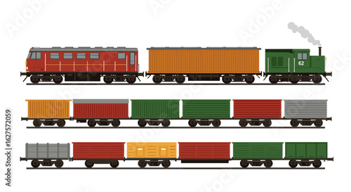 Vintage freight trains with colorful cargo cars in flat style