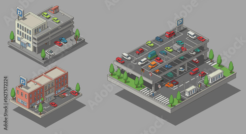 Isometric parking garage scenes with cars and urban buildings
