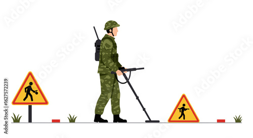Soldier using metal detector in safety zone with warning signs