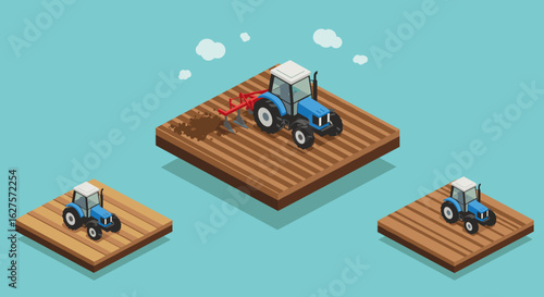 Isometric farming scene with tractors on wooden platforms