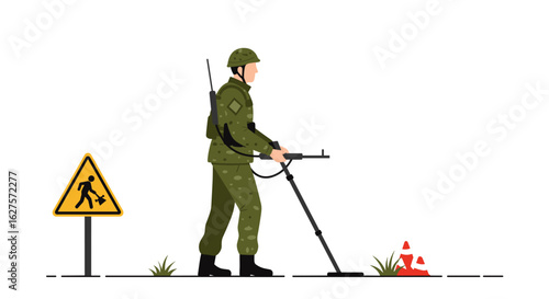 Soldier using metal detector for landmine detection in flat design