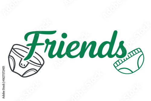 Green Friends text with black and green adult diaper icons white