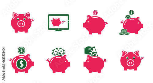 Piggy bank illustrations representing saving money and financial concepts