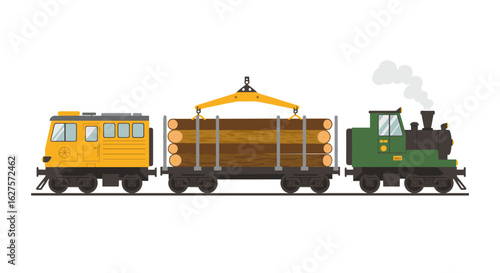 Vintage freight train with logs: classic rail transport scene