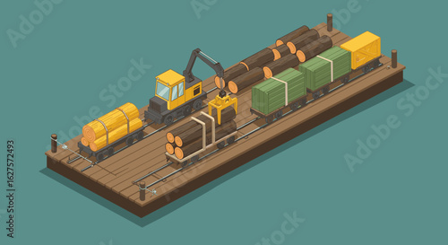 Isometric train transporting logs and freight on wooden platform