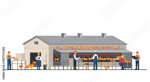 Modern poultry farming scene with workers and chickens in a flat design