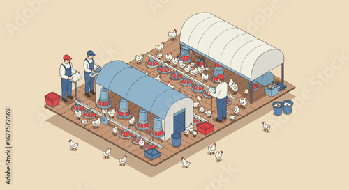 Isometric chicken farm scene with farmers and poultry in detailed layout