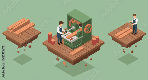 Isometric woodworking process with logs and worker on floating platforms
