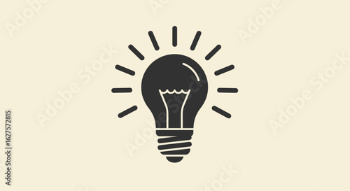 Simple light bulb icon with radiating lines in monochrome design