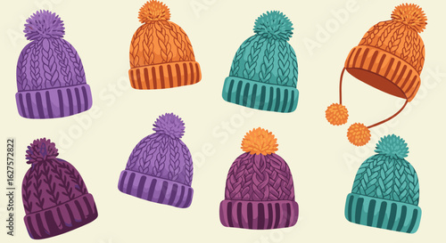 Colorful knit beanies with pom pom for winter fashion