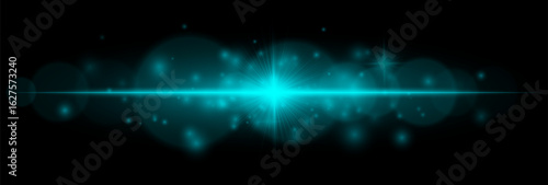 Horizontal flare with glowing center, soft bokeh, and scattered particles. Suitable for overlays, digital art, decorative accents, and light effects.