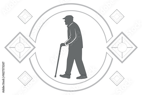 Silhouette of an elderly man with a cane walking inside a circular frame with diamond shapes vector