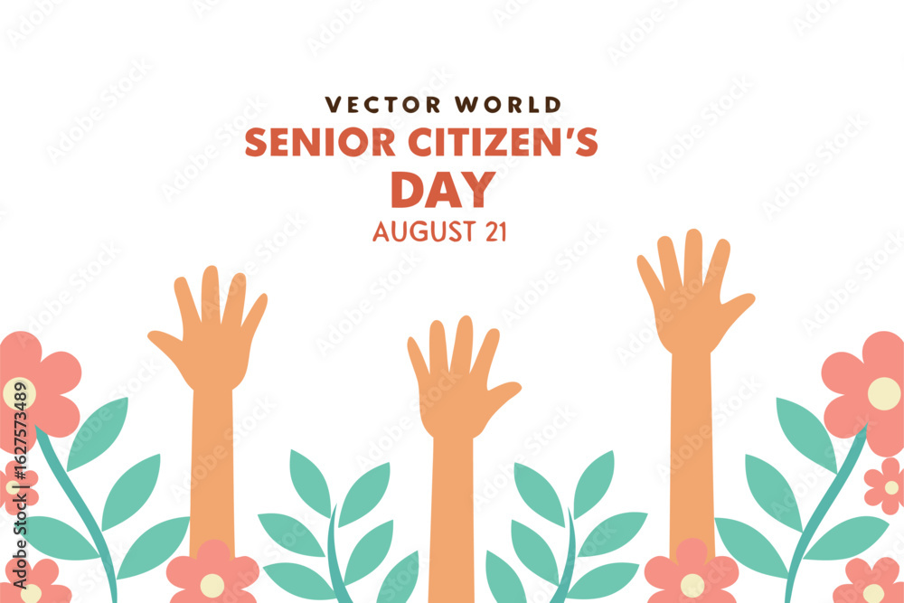 Fototapeta premium Three orange arms raised with coral flowers and green leaves on white background senior citizen