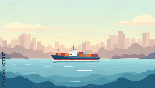 container ship in the sea with sunset