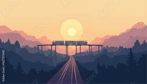 sunrise over the mountains with train
