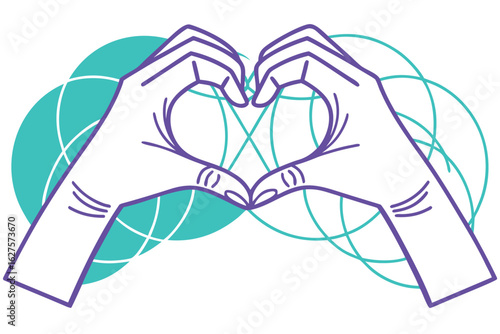 Two hands forming a heart shape with abstract teal and purple lines love