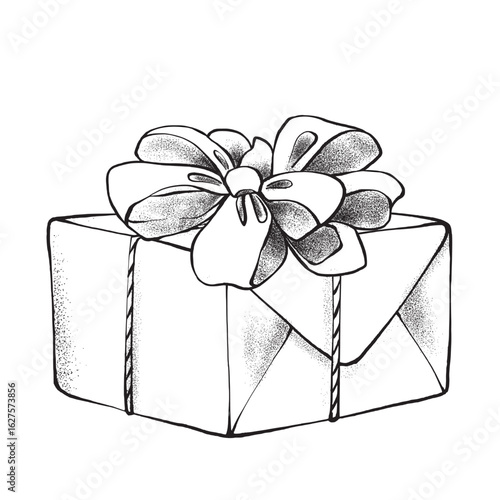 Handmade graphics of a black and white gift box with a voluminous bow. Vector illustration on a white background for packaging, greeting cards and winter holidays.
