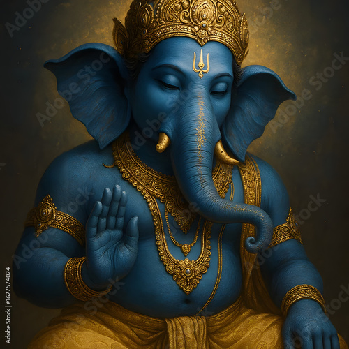 Blue Ganesha Statue with Golden Ornaments