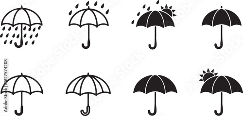 Collection of eight black and white umbrella weather icons with rain sun and wind umbrella icon rain icon