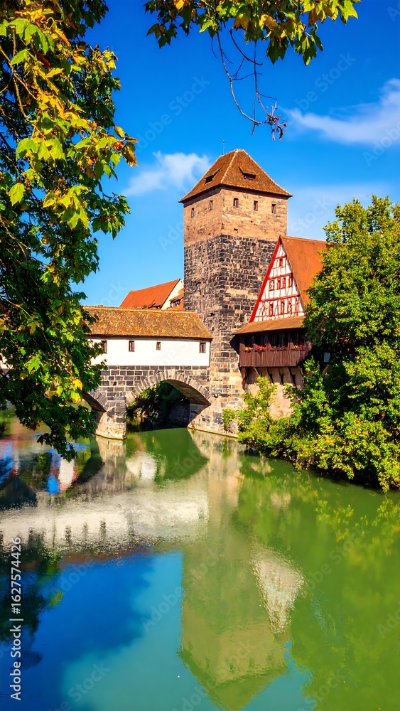 Obraz premium Autumnal European city riverside scene