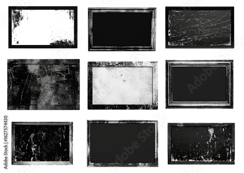 PNG. A set of black and white rectangular frames with various textures, each frame isolated in the center against a pure background.