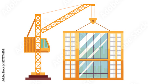 Illustration of a construction crane lifting a two story modular building on a white background