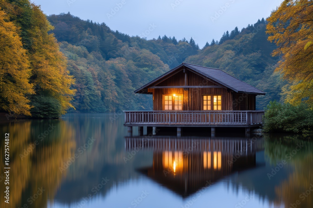 Fototapeta premium Cozy Wooden Cabin by Serene Lake Surrounded by Autumn Trees