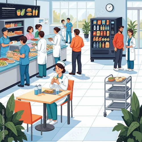 Hospital cafeteria scene with medical staff enjoying lunch.