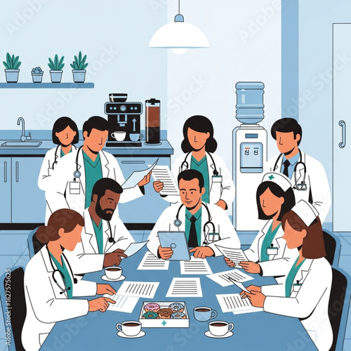 Medical team collaborates around a table, reviewing documents and discussing patient cases in a modern breakroom.