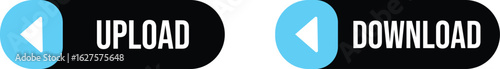 Vector art of upload and download buttons with blue arrows on black background, representing data transfer and interface controls