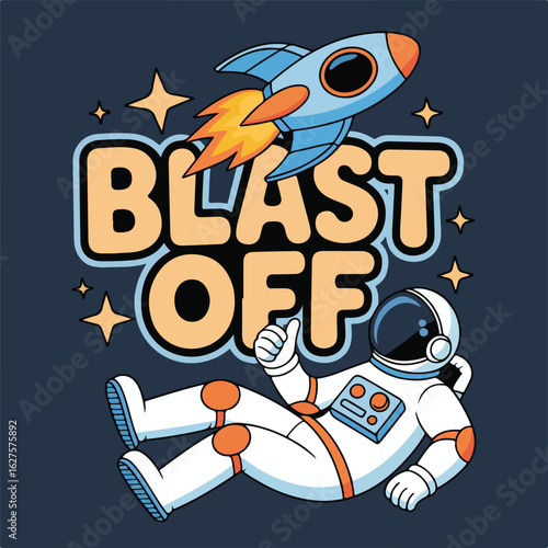 Astronaut and rocket blast off into space with stars